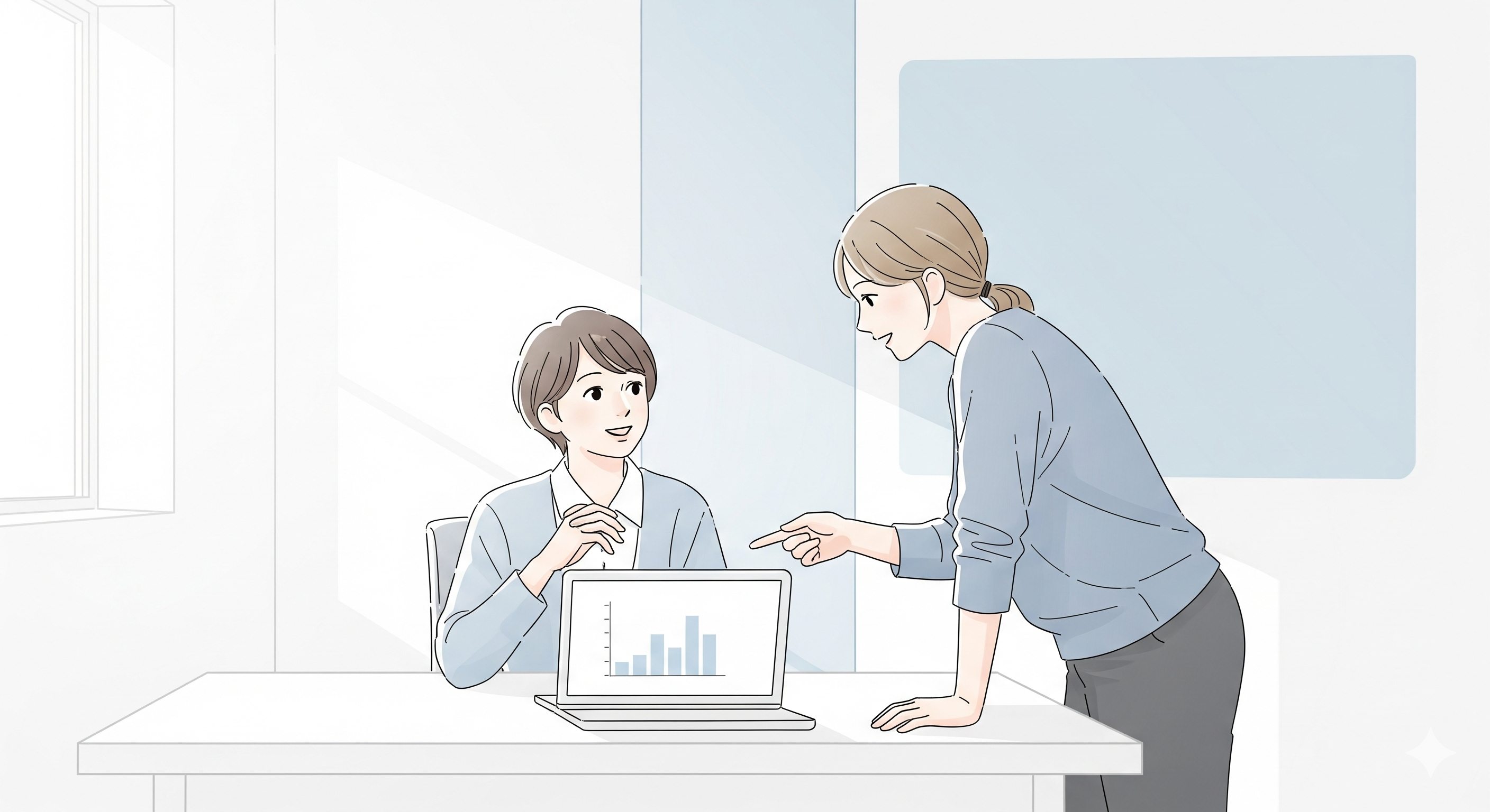 中小企業のDX相談シーンを表す柔らかいイラスト - 現場に寄り添うDX伴走パートナーのイメージ