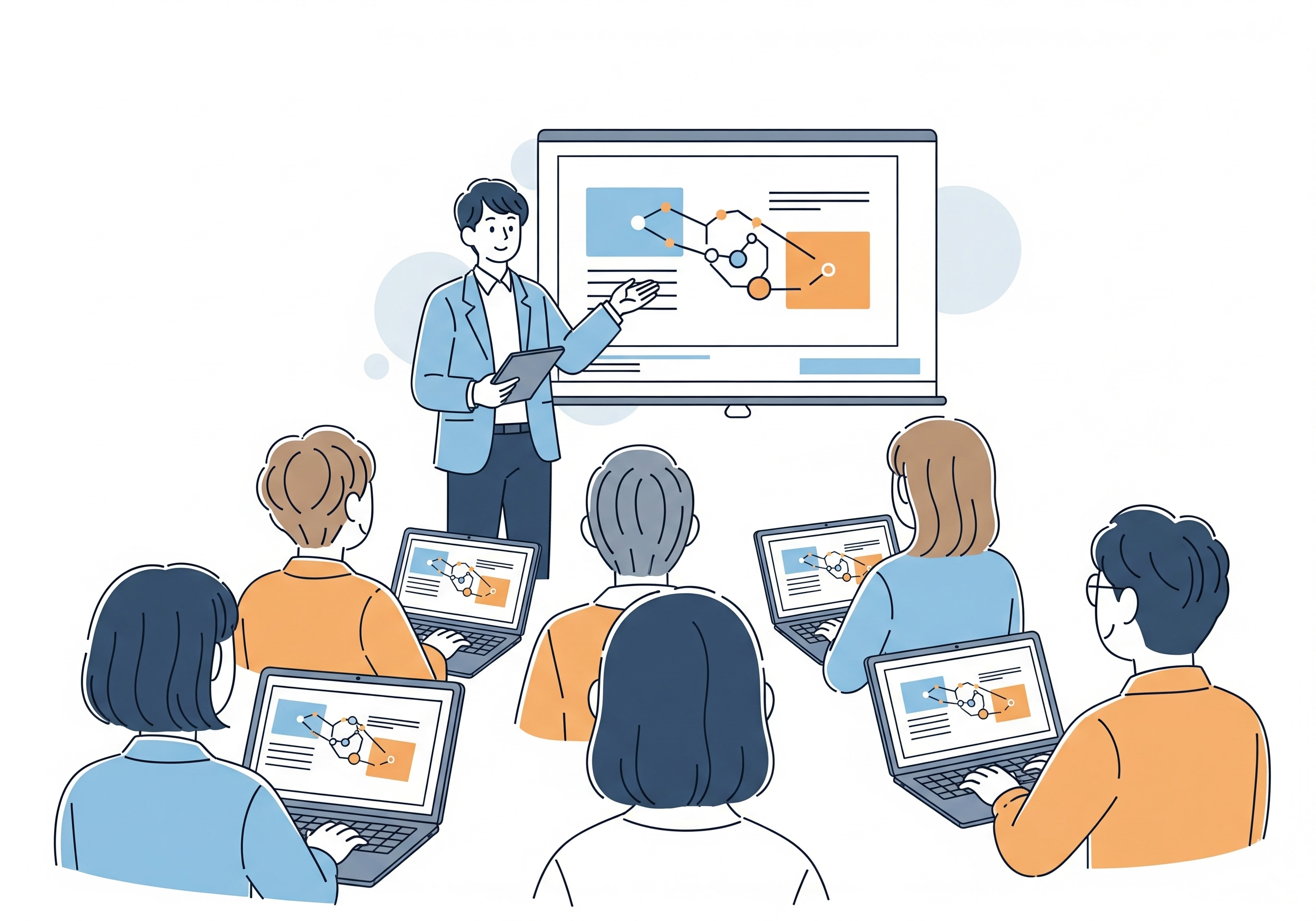 研修と定着支援サービスのイラスト - 教育・運用ルール・FAQ作成でツールの現場定着を徹底サポート